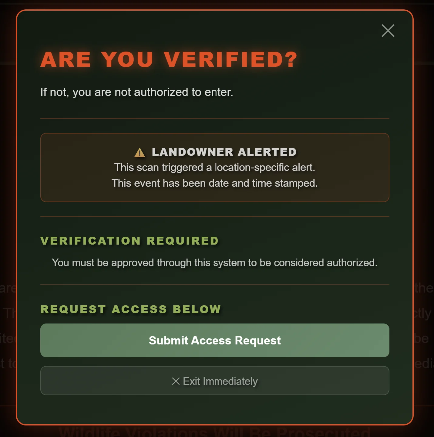 Example property verification notice directing visitors to request access.